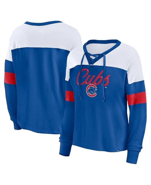 Women's Royal, White Chicago Cubs Even Match Lace-Up Long Sleeve V-Neck T-shirt