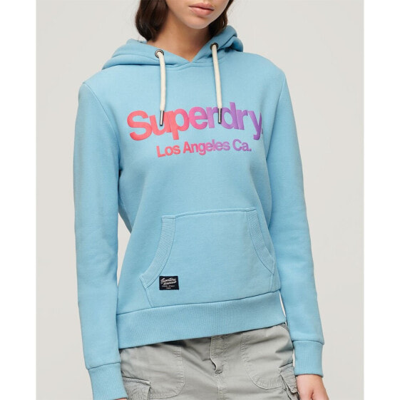 Толстовка Superdry с ярким радужным логотипом на груди, модель Tonal Rainbow Core Logo, Air Blue, для женщин, универсальный цвет, для спорта и отдыха, одежда, обувь и аксессуары.