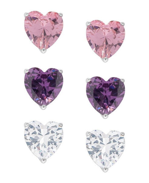 Silver Plated Brass Pink, Purple and White Cubic Zirconia Heart Stud Earrings Set