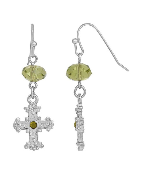 Silver-Tone Green Crystal Cross Drop Earrings