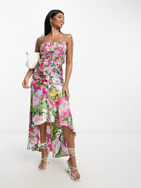 ASOS DESIGN satin ruched ruffle maxi dress with button detail in pink floral 