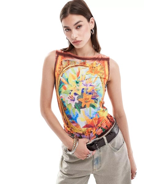 Reclaimed Vintage mesh slash neck vest with blur floral print