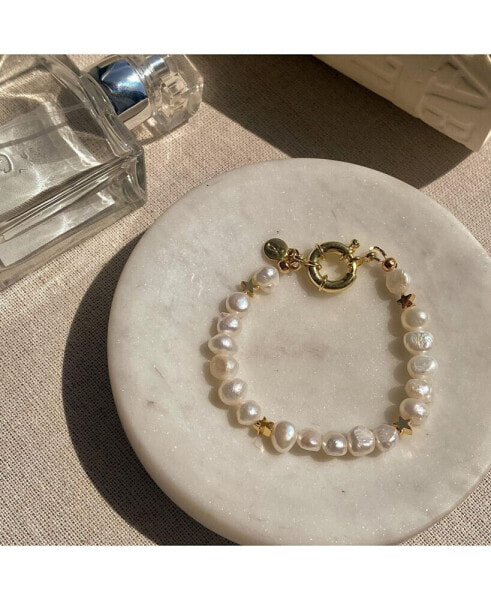 18K Gold Plated Freshwater Pearl with Star and Pearl Twinkie - Twinkie Bracelet 7" For Women and Girls