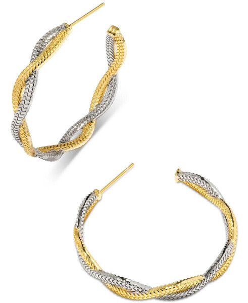 Two-Tone Medium Interwoven Herringbone Chain C-Hoop Earrings, 1.4"