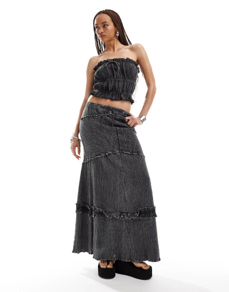 COLLUSION cotton crinkle column maxi skirt co-ord with shirred detail in washed charcoal