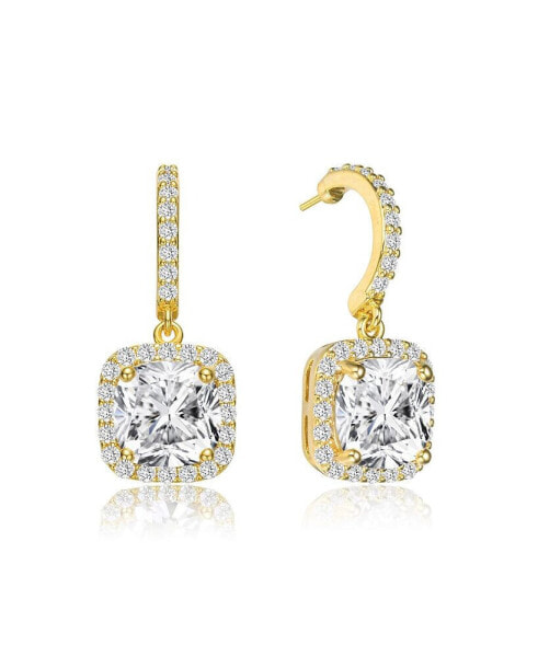 GV Sterling Silver with Gold Plated Clear Cushion with Round Cubic Zirconia Halo Drop Earrings