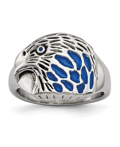 Stainless Steel Polished and Textured Blue Enamel Eagle Ring