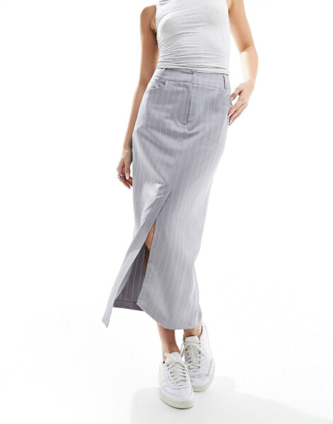 Miss Selfridge tailored maxi skirt in grey pinstripe