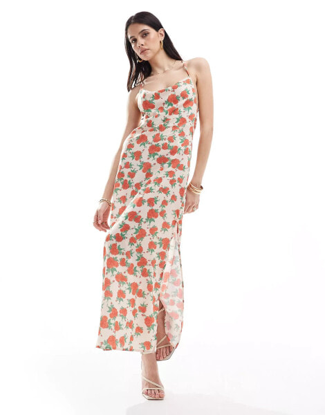 Vila satin low cowl back cami maxi dress in rose print