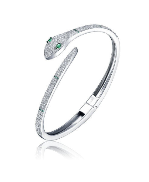 White Gold Plated with Emerald & Cubic Zirconia Snake Bypass Coil Wrap Bangle Bracelet