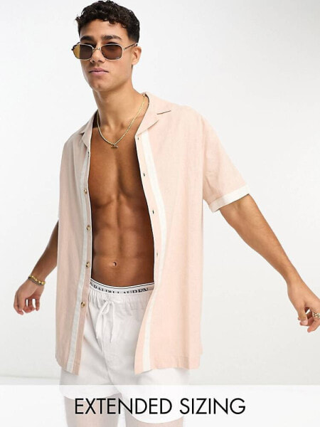 ASOS DESIGN relaxed revere shirt in linen mix with panelling in pink