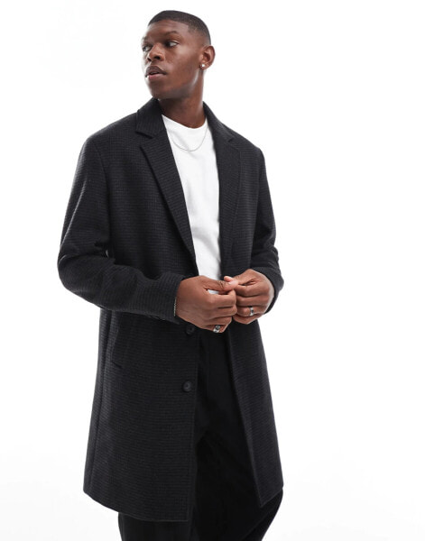 Jack & Jones wool mix long overcoat in dark grey houndstooth