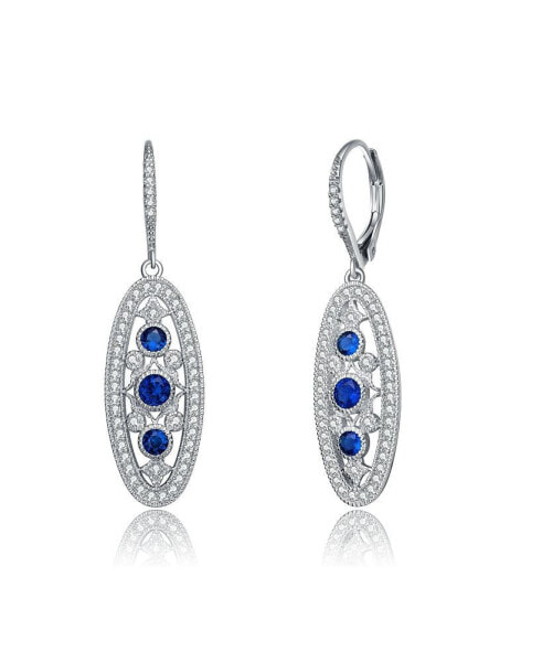 Sterling Silver White Gold Plated with Colored Cubic Zirconia Oval Drop Earrings