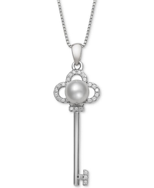 Belle de Mer cultured Freshwater Pearl (6mm) & Cubic Zirconia Clover Key 18" Pendant Necklace in Sterling Silver