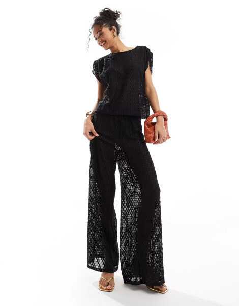 Vero Moda pull on sheer textured trouser co-ord in black