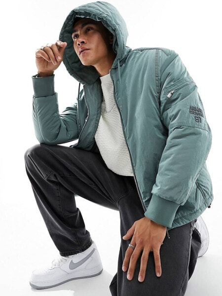 Armani Exchange utility crinkle nylon hooded bomber jacket in green