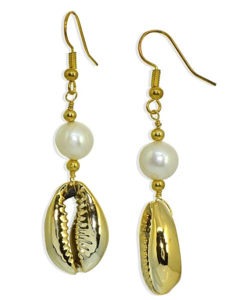 Freshwater Pearl Puka Shell Drop Earring in Silver Plate