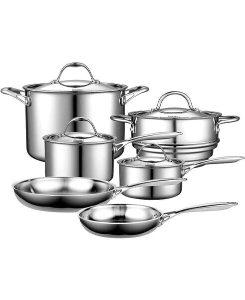Stainless Steel Kitchen Cookware Sets 10-Piece, Multi-Ply Full Clad Pots and Pans Cooking Set with Stay-Cool Handles, Dishwasher Safe, Oven Safe 500°F, Silver