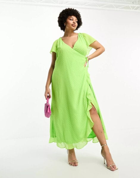 ASOS DESIGN Curve frill detail wrap maxi dress in bright lime dobby