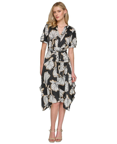 Women's Printed Button-Front Tie-Waist Dress