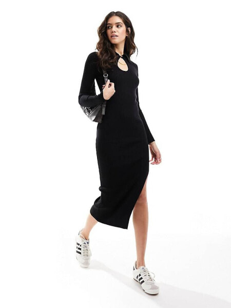 Mango loop collar knitted midi dress in black