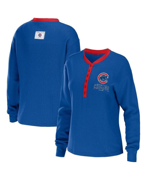 Women's Royal Chicago Cubs Waffle Henley Long Sleeve T-shirt