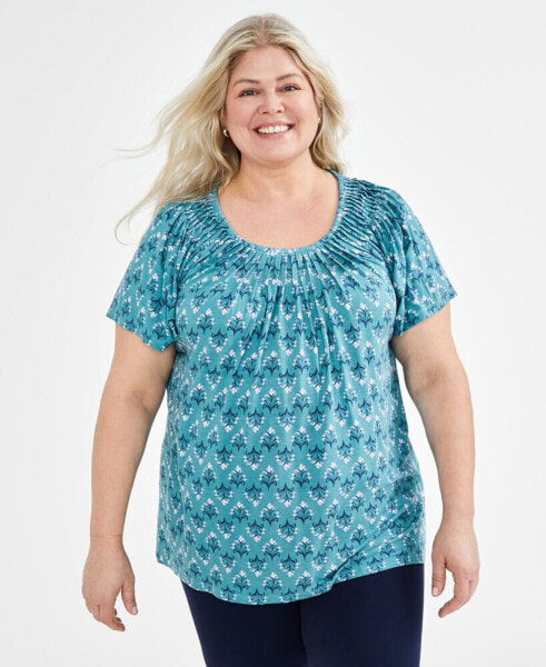 Plus Size Printed Pleat-Neck Top, Created for Macy's