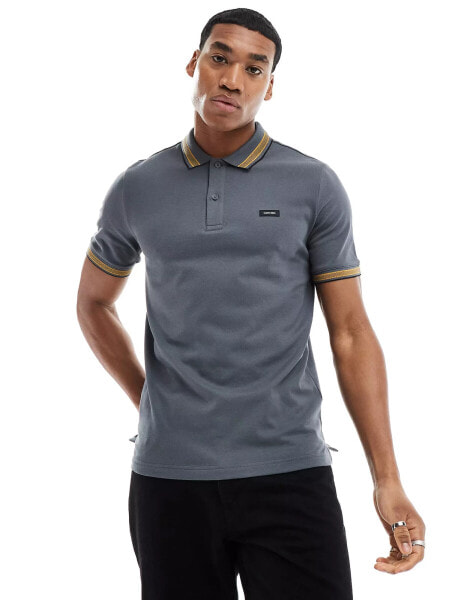 Calvin Klein stretch pique tipped polo in grey