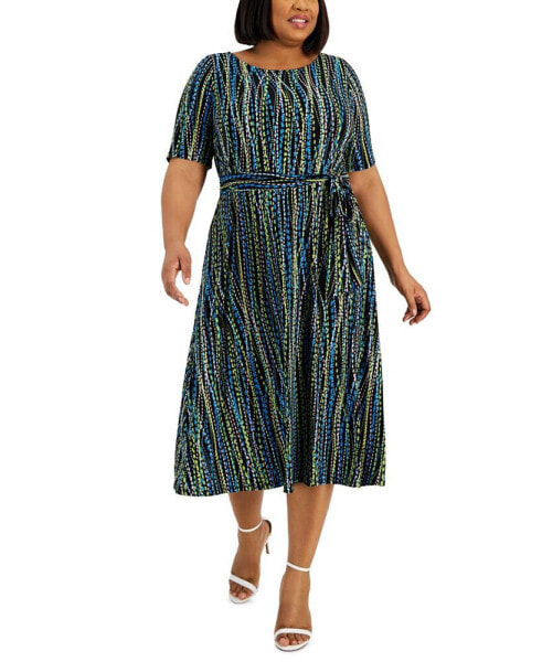 Plus Size Abstract-Print Belted Elbow-Sleeve Dress