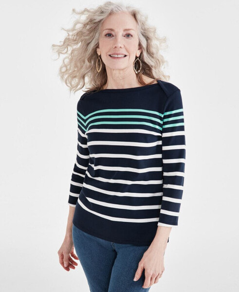 Women's Striped 3/4-Sleeve Pima Cotton Top, Created for Macy's