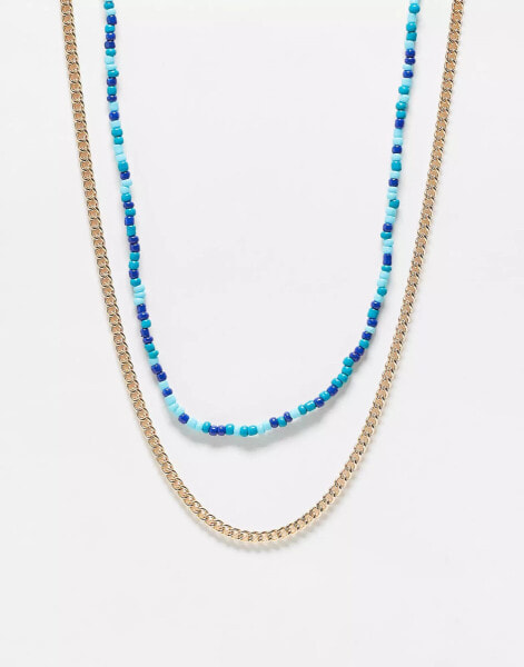 Faded Future pack of 2 beaded and chain festival necklace in gold