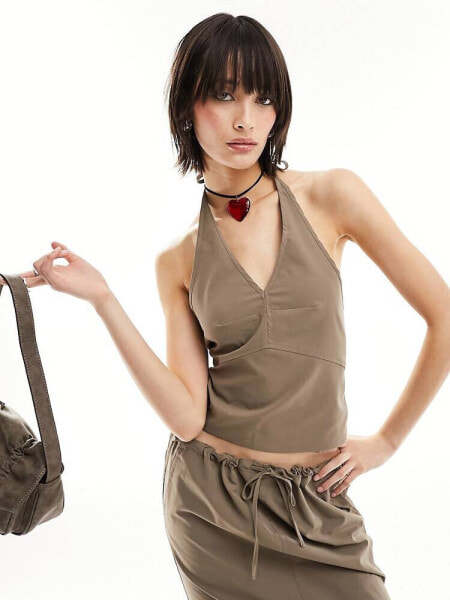 JJXX halter neck cropped top co-ord  in taupe