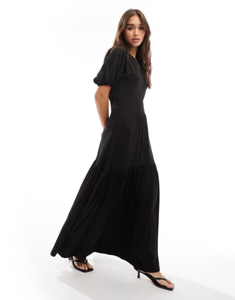 ASOS DESIGN broderie puff sleeve tiered maxi dress in black