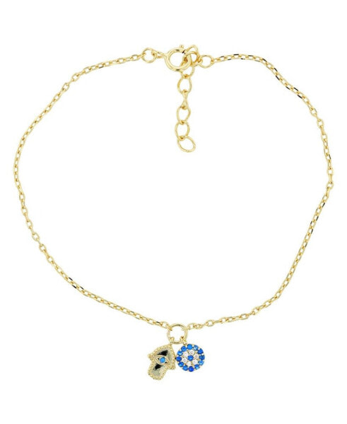 Hamsa and Evil Eye Anklet in 14K Gold Plated or Sterling Silver