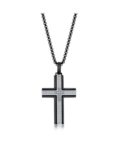 Men's Stainless Steel Black & Silver CZ Cross Necklace