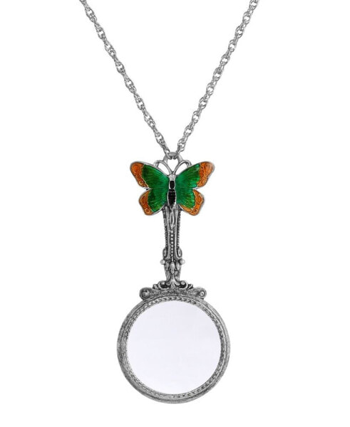 Silver-Tone Butterfly Magnifying Glass Pendant Necklace