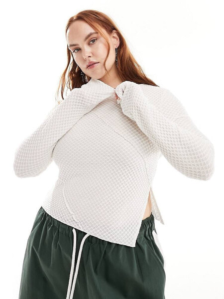 ASOS DESIGN Curve long sleeve textured top in off white