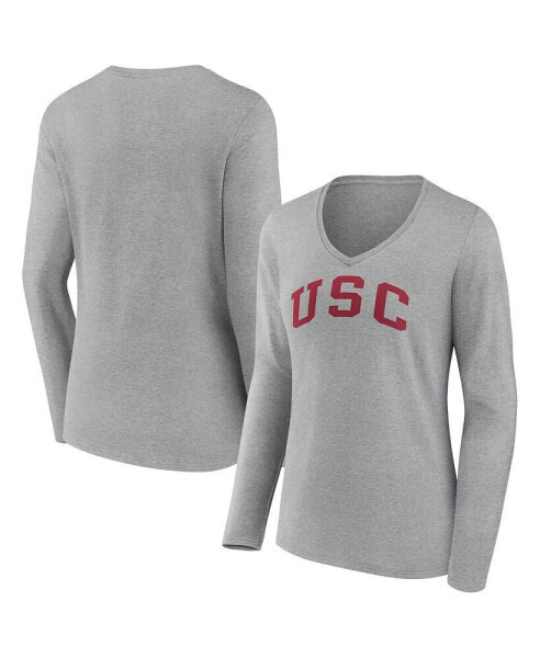 Women's Heather Gray USC Trojans Basic Arch Long Sleeve V-Neck T-shirt