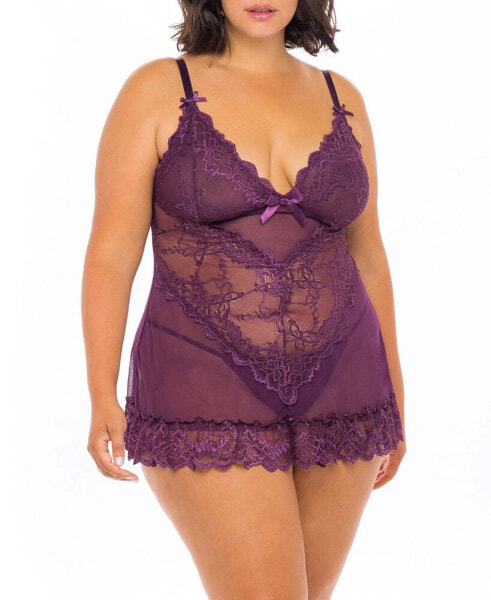 Plus Size Lace Babydoll with Bows & Thong 2pc Lingerie Set