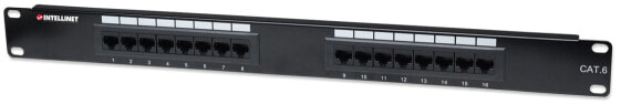 Intellinet Patch Panel - Cat6 - UTP - 16-Port - 1U - Black - IEEE 802.3 - IEEE 802.3ab - IEEE 802.3u - Fast Ethernet - Gigabit Ethernet - RJ-45 - Gold - U/UTP (UTP) - Black