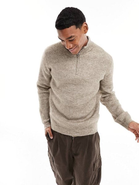 Only & Sons faux wool half zip jumper in beige 