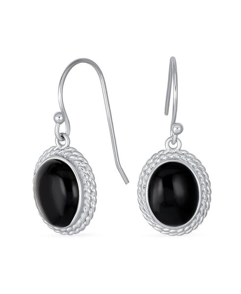 Western Style Black Natural Onyx Milgrain Cable Edge Oval Drop Earrings For Women Sterling Silver Wire Fish Hook