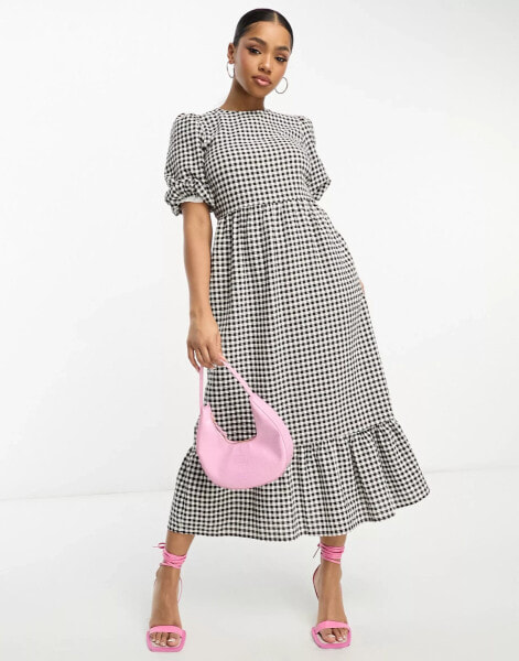 Nobody's Child Maria lace up back smock midi dress in mono gingham