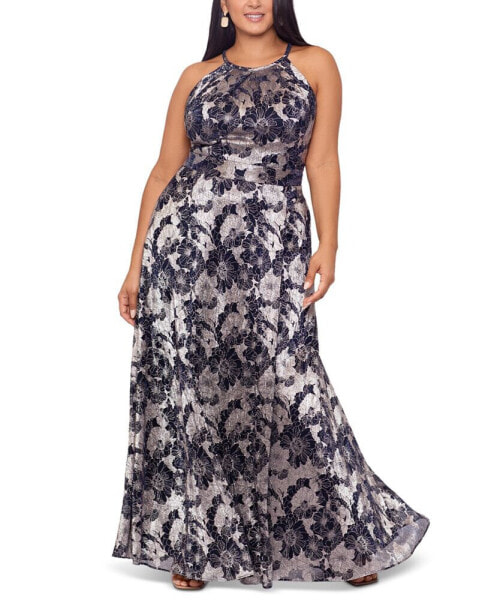 Plus Size Floral Foil Print Halter-Neck Gown