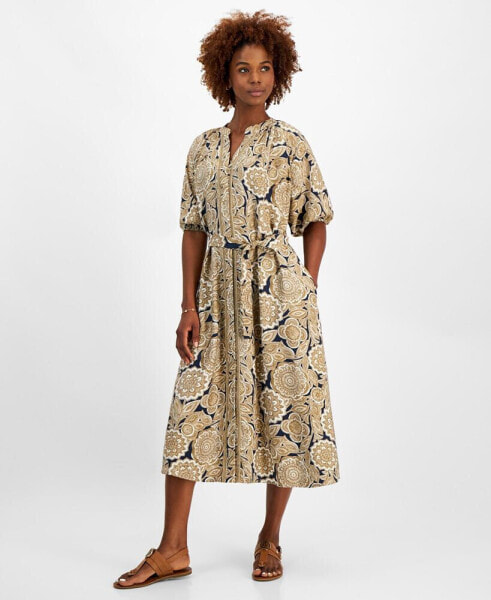 Women's Printed Split-Neck Puff-Sleeve Dress