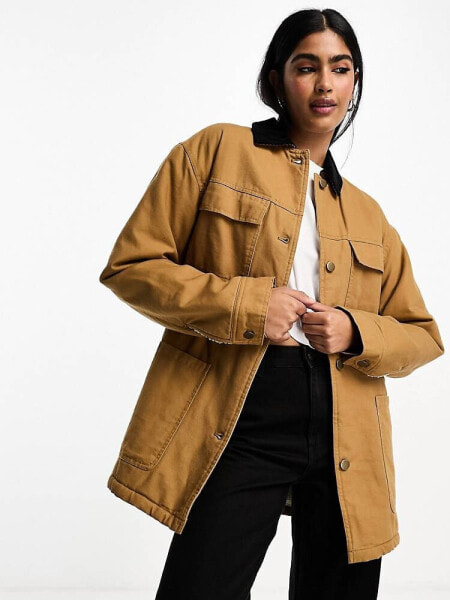 ASOS DESIGN canvas jacket with borg lining and cord collar in tan