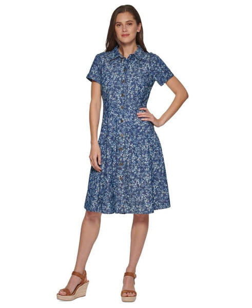 Women's Floral-Print Chambray Shirtdress