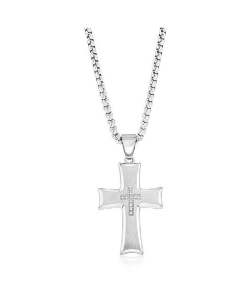 Stainless Steel Brushed and Polished CZ Cross Necklace