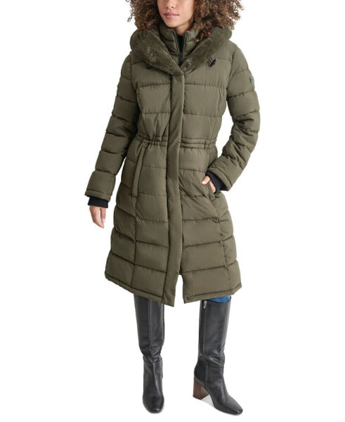 Women's Faux-Fur-Trim Hooded Bibbed Puffer Coat