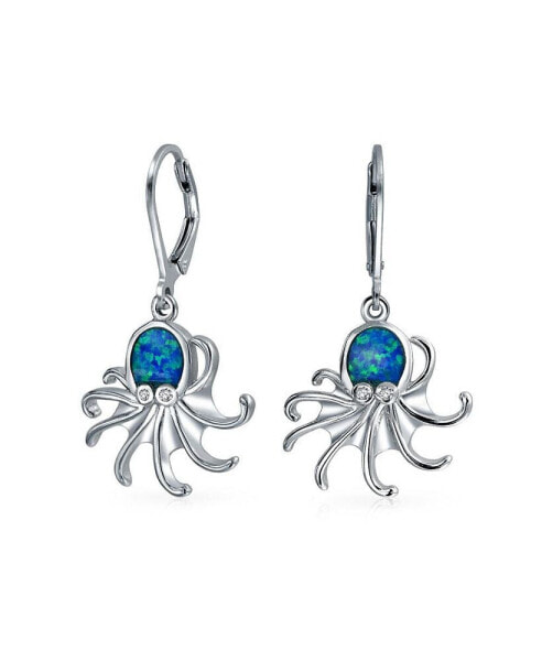 Nautical Synthetic Blue Opal Marine Life Lever back Octopus Dangle Earrings For Women For Sterling Silver